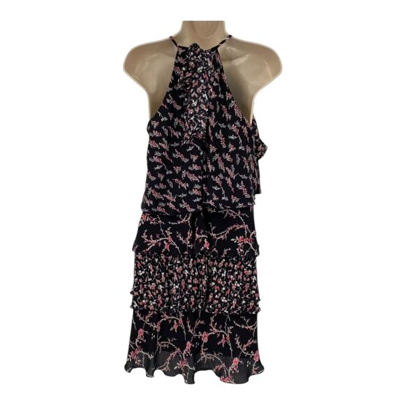 WHBM Dress 4 Tiered Ruffle Flapper Black Pink Floral Halter Party Mini Feme - Picture 7 of 10